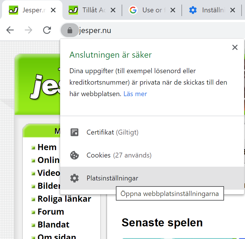 Aktivera Adobe Flash för jesper.nu i webbläsaren Google Chrome