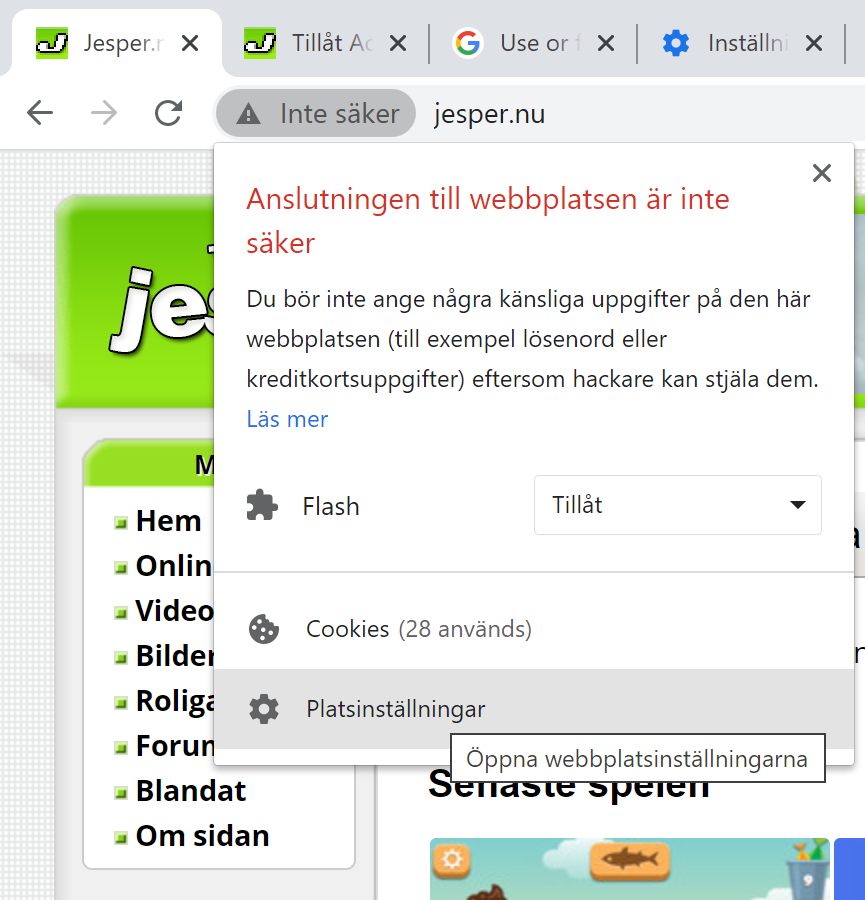 Aktivera Adobe Flash för jesper.nu i webbläsaren Google Chrome